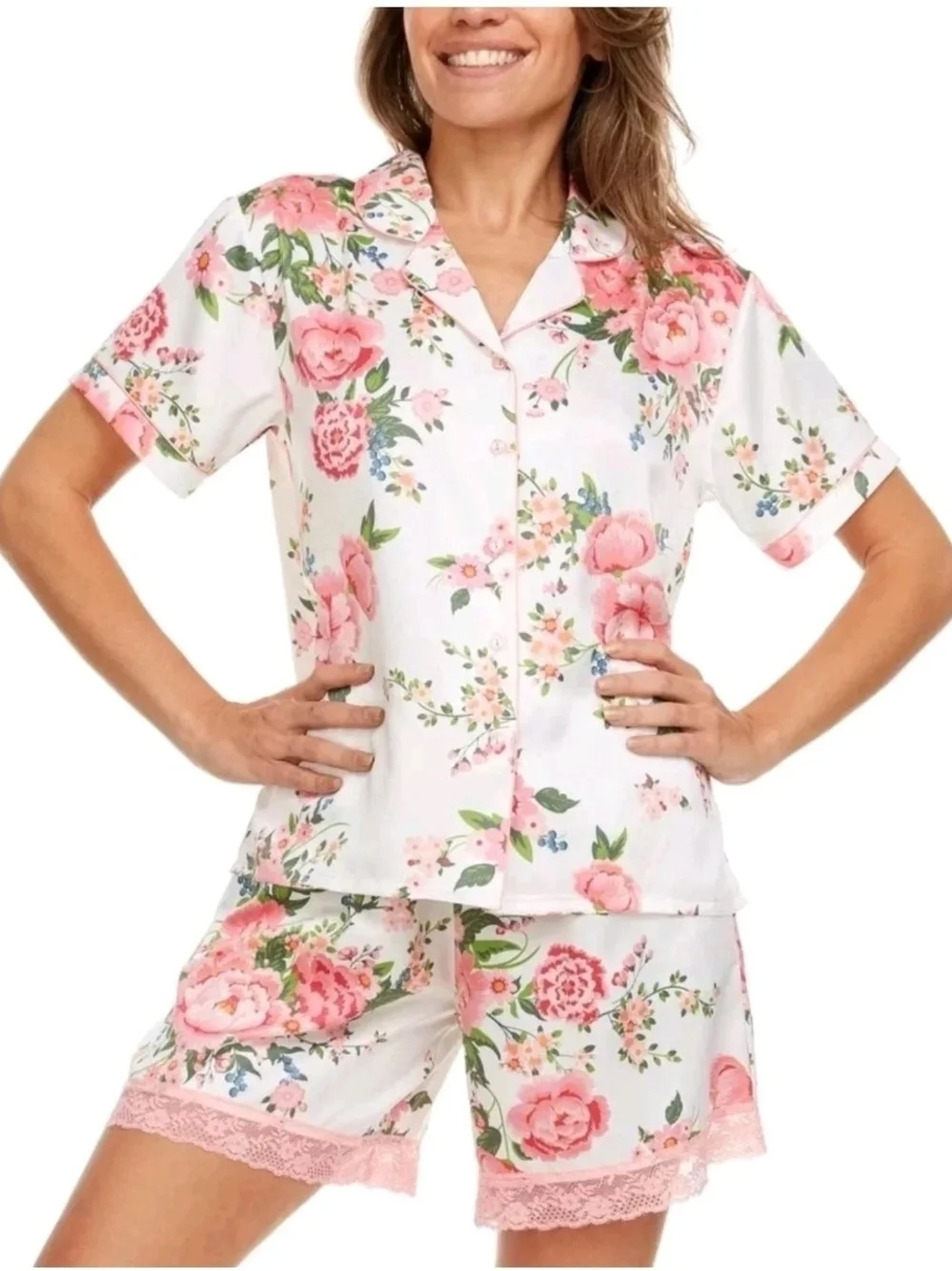 Flora Nikrooz 2 Pcs Relaxed Fit Soft Satin Collar Pajamas XL Floral (210)